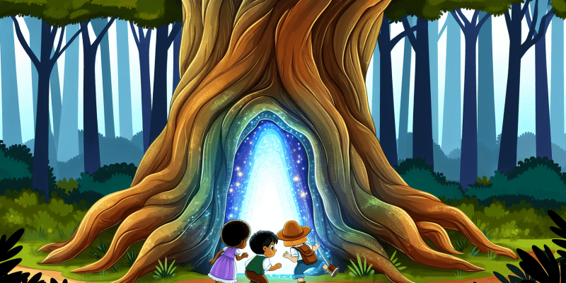 A glowing door at the base of an ancient tree in a magical forest, with three adventurous children peeking inside.