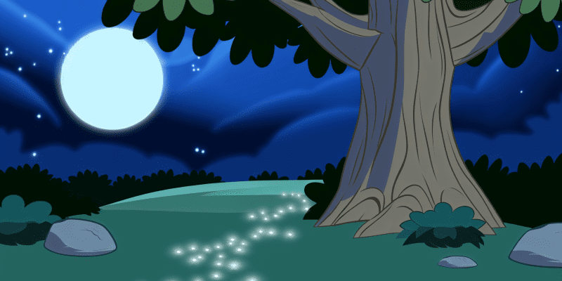 A moonlit forest with a hidden path illuminated by the glow of the moon, leading towards an ancient elm tree with a hollow trunk.