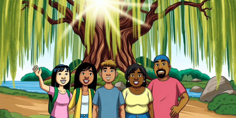 A group of friends standing in front of a large, ancient willow tree, with the sunlight filtering through the leaves and casting dappled shadows on the forest floor.