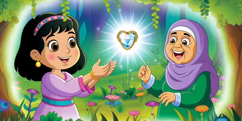 A young girl holding a glowing locket in a lush, magical meadow, with her grandmother smiling beside her.