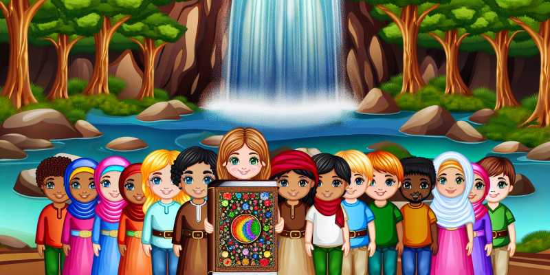 A group of children standing in front of a shimmering waterfall in a magical forest, holding a beautiful, leather-bound book with an ornate cover.