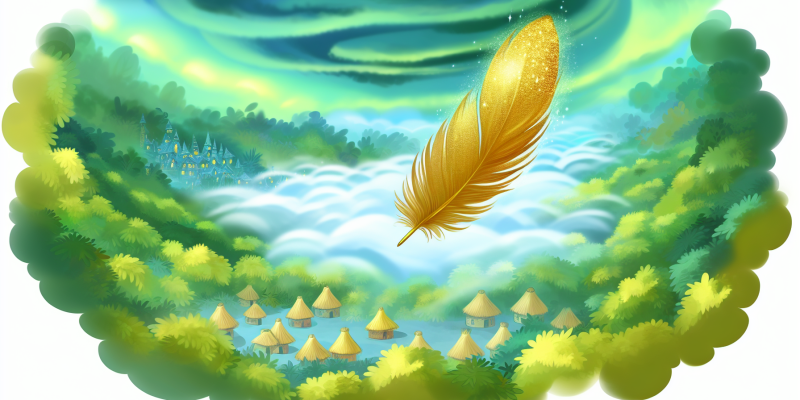 A golden feather floating down from the sky, surrounded by a sparkling mist, with the village of Treetop Hollow in the background.