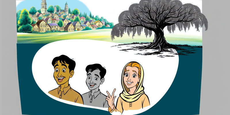 An image of three friends standing in front of the Whispering Willow, with the tree's leaves shimmering with a strange light and the town of Nameville in the background.