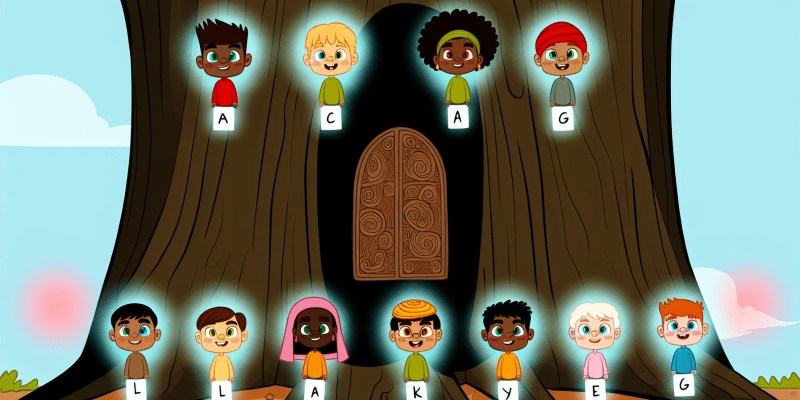 An image of a group of children with glowing names floating above their heads, standing in front of an ancient tree with a door carved into its trunk.