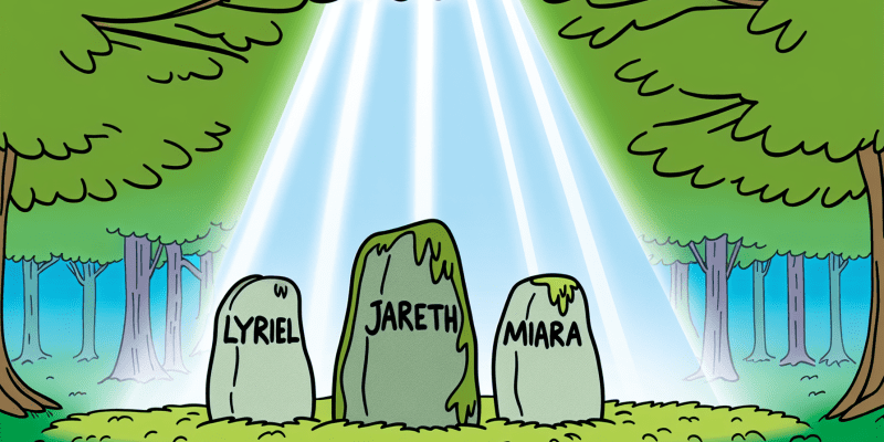 An image of three ancient stones in a forest clearing, each inscribed with the names "Lyriel," "Jareth," and "Minara," with beams of light shining down on them.