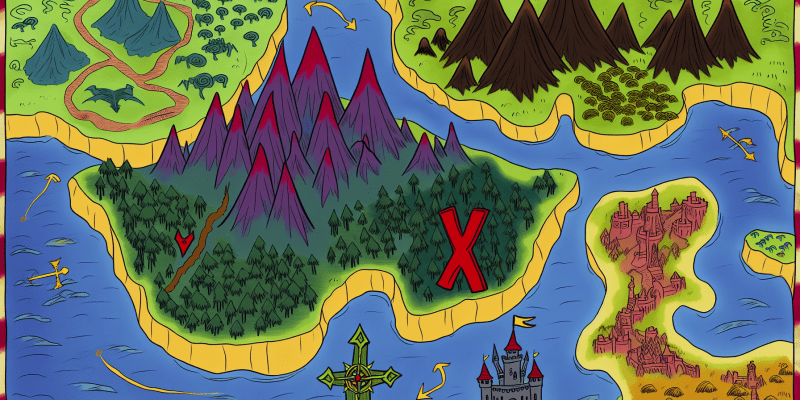 A colorful, hand-drawn map with intricate drawings of mysterious places, including a big red 'X' marking a location.