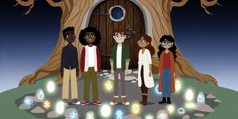 A group of friends standing in front of a mysterious, ancient oak tree with a small, intricate door at its base, surrounded by glowing stones and symbols.