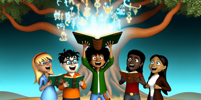 An image prompt for this story could be a group of four friends standing in front of the majestic oak tree, holding the glowing book and looking excitedly at the riddle.