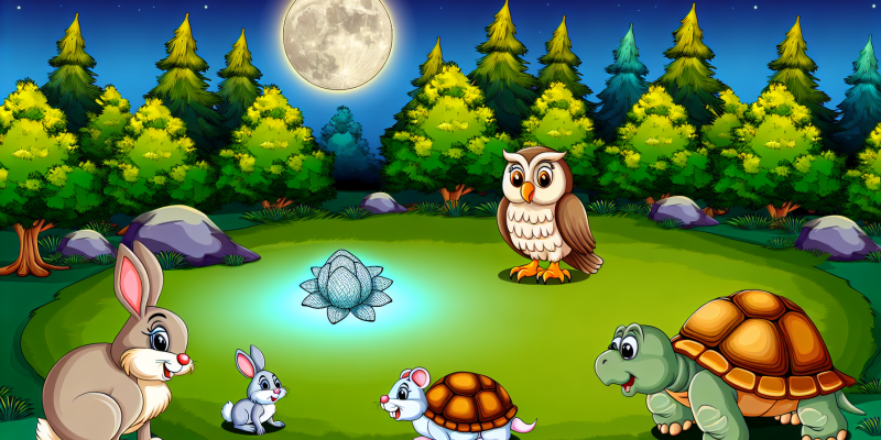 A moonlit forest clearing with a shimmering Moonlight Blossom in the center, surrounded by the four friends: Oliver the Owl, Bella the Bunny, Max the Mouse, and Tilly the Tortoise.