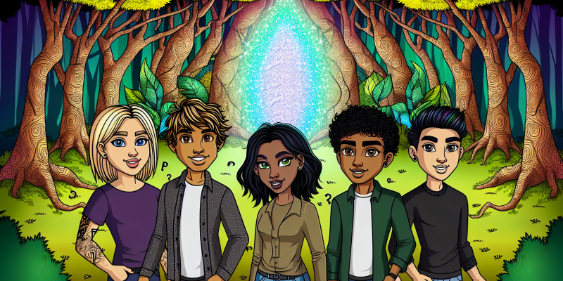 A group of friends standing at the entrance of a mystical forest, with the trees whispering secrets around them and a glowing crystal in the center of the image.