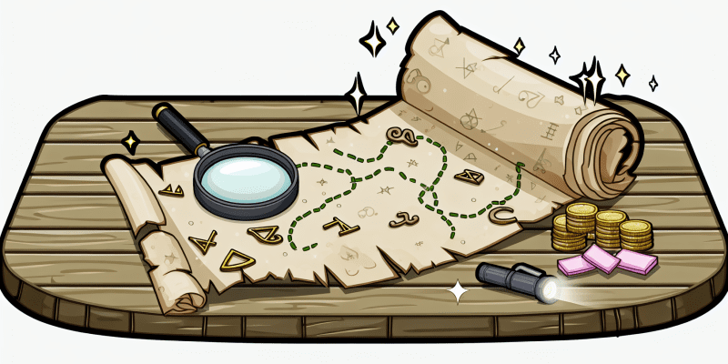 An old, crinkled map with mysterious symbols and sparkling pathways, partially unfurled on a wooden table, surrounded by a magnifying glass, a flashlight, and some snacks.