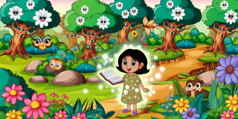 An image of a young girl standing in a magical forest surrounded by talking trees, singing flowers, and friendly animals, with a glowing book of names in her hand.