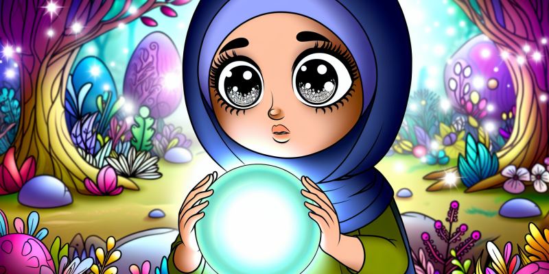 A young girl with big, curious eyes holding a glowing crystal orb in a magical forest.