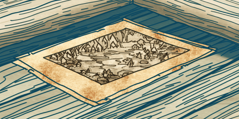 An old map with intricate markings and a faded illustration of a mystical forest, partially hidden under a loose wooden plank on a village bench.