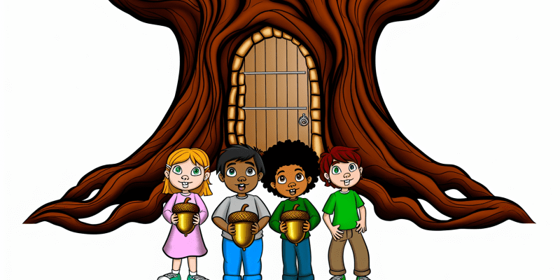 A group of three children standing in front of a mysterious, twisted tree with a door carved into it, holding a golden acorn and looking determined.