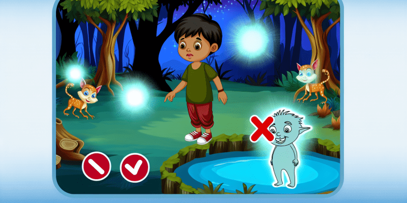 A young boy standing in a magical glade, surrounded by glowing forest creatures and a sparkling pool of water, with a mischievous sprite peeking out from behind a tree.