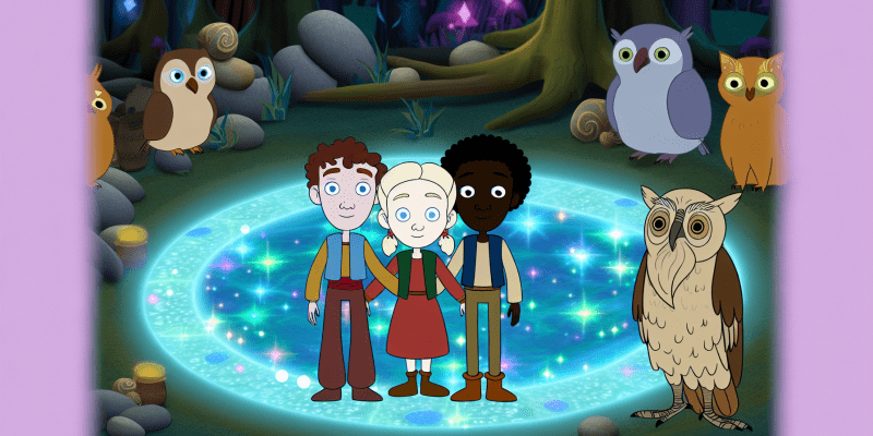 [ Three friends standing in front of a glowing, enchanted pond in the middle of a magical forest, with animals surrounding them and a wise old owl perched on a branch nearby.]