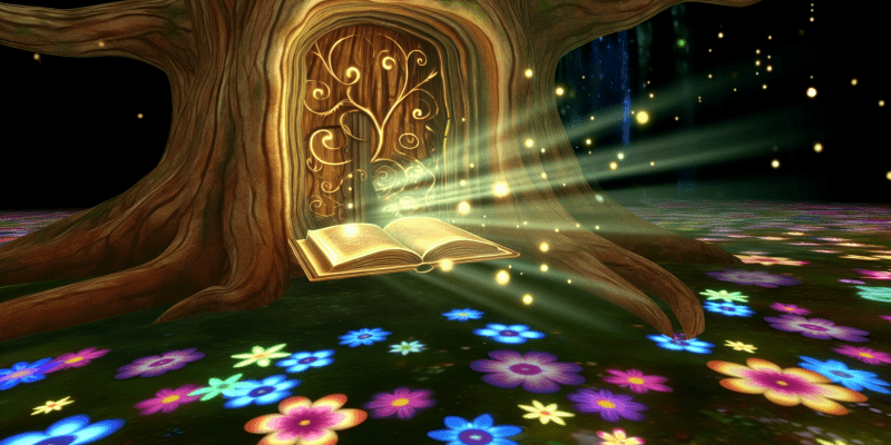 A glowing, ancient tree with a door carved into its trunk, surrounded by colorful flowers and twinkling lights, leading to an underground chamber filled with a shimmering, golden book.