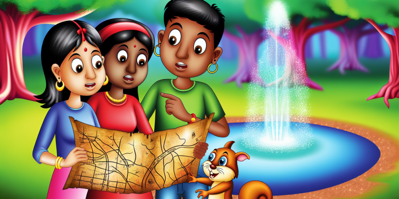 A group of three friends standing in front of a sparkling fountain, looking at a faded map with a talking squirrel guiding them into a magical forest.