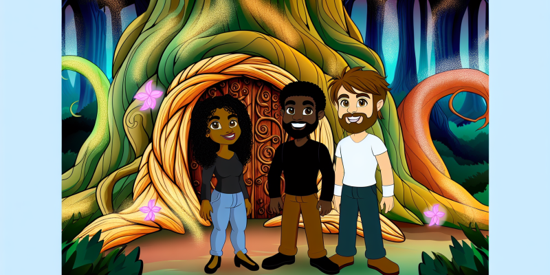 A group of three friends standing in front of an ancient, twisted tree with a door carved into its trunk, surrounded by a magical forest.