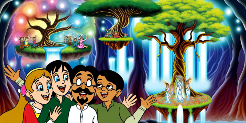 A group of three friends standing in front of the Grand Oak Tree, with the Glowing Caves, Floating Gardens, and Singing Waterfalls in the background.