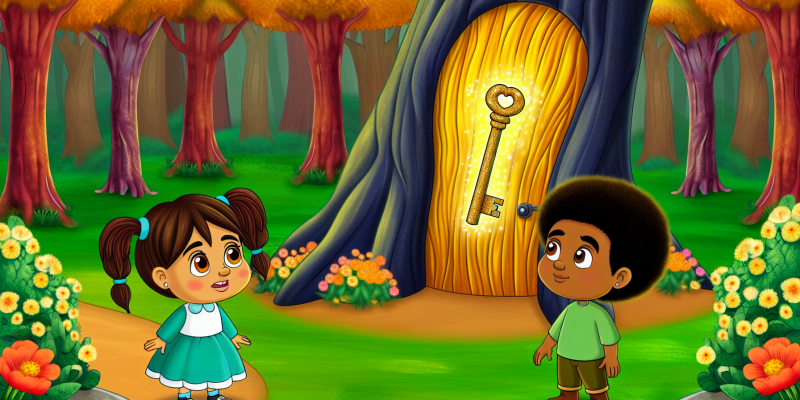 A hidden door in the base of a shimmering, golden tree in the middle of a magical forest clearing, with Penelope and Oliver cautiously approaching it, holding a mysterious key.