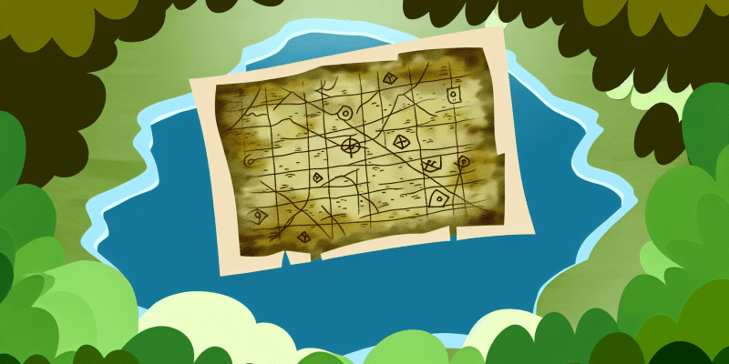 An old, dusty map with mysterious symbols, half-hidden in the bushes near Crystal Lake.