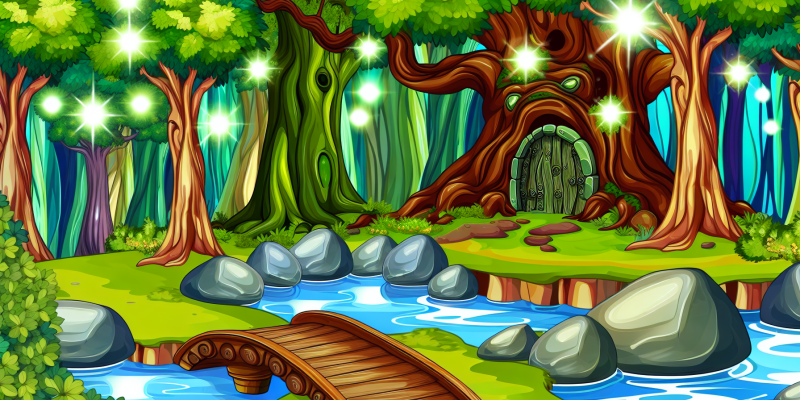 A magical forest with a sparkling stream, an ancient tree with a door carved into its trunk, and a tiny bridge made of polished stones.