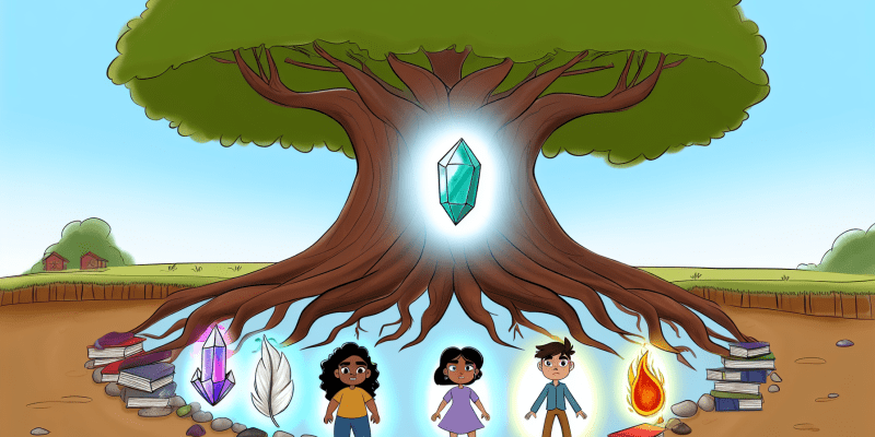 [Image prompt: A glowing amulet nestled in the roots of a majestic tree, surrounded by the four Elements of Unity - the Crystal of Courage, the Feather of Wisdom, the Flame of Kindness, and the Tear of Joy. Zinnia, Oliver, and Mia stand around the tree, their faces filled with determination and hope.]