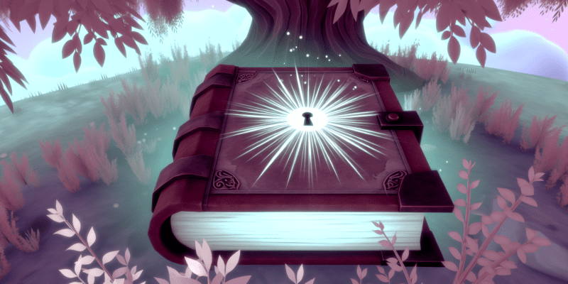 A mysterious old book with a glowing keyhole on the cover, surrounded by whispering trees and sparkling flowers.