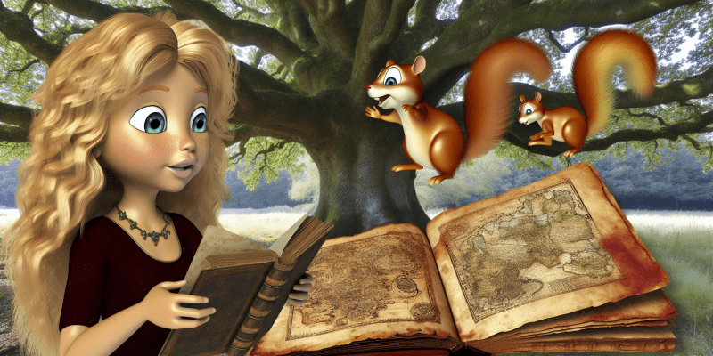 A young girl with golden hair holding an old, dusty book under a large oak tree, with a map and a talking squirrel nearby.