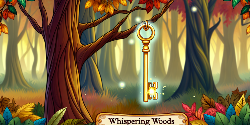 An image prompt for this story could be a golden key hanging from a branch in the Whispering Woods, surrounded by colorful leaves and magical light.