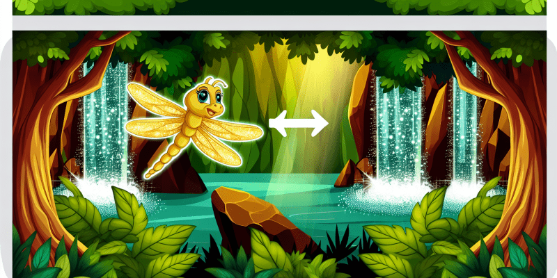 A golden dragonfly leading the way through a lush, magical forest, with a sparkling waterfall in the background.