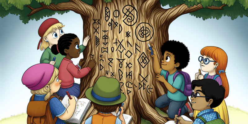 A group of children gathered under a magical oak tree, studying ancient runes carved into its bark.