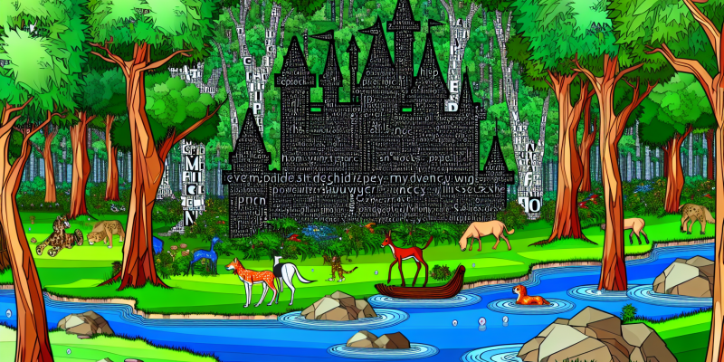 A magical forest with a castle made of letters and names, surrounded by talking animals and sparkling streams.