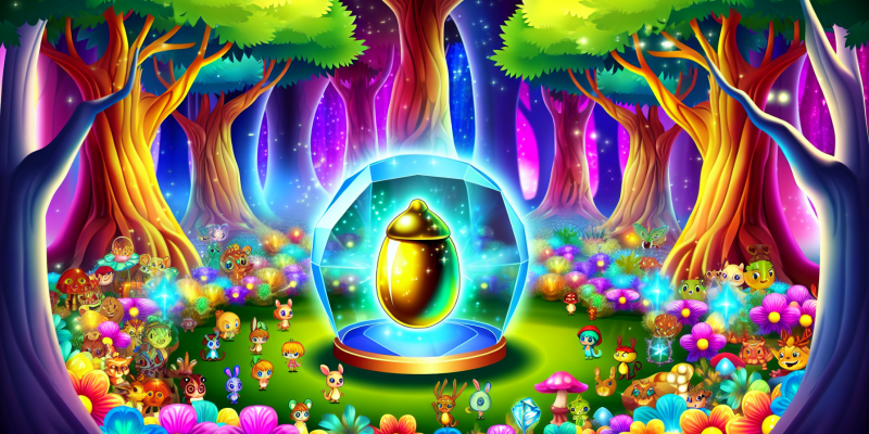 [ A magical forest with shimmering trees, colorful flowers, and whimsical creatures. In the center, a crystal case holds the Golden Acorn, surrounded by curious animals and enchanted beings.]