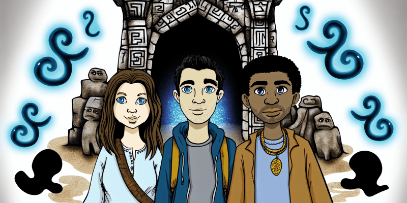 A group of three friends standing in front of an ancient, stone archway with glowing letters above it, each with a thoughtful expression on their faces.