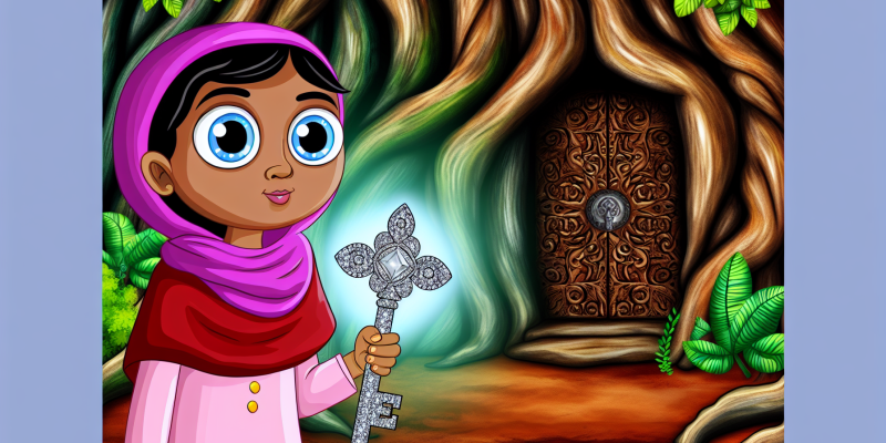 A young girl with bright eyes standing in front of a hidden door carved into an ancient tree, holding a shimmering silver key.