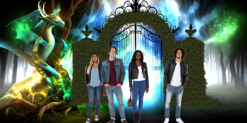 A group of friends standing in front of a mysterious, ivy-covered gate leading into a magical forest.