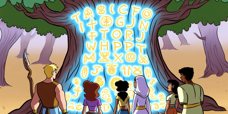 A group of friends standing in front of the glowing Tree of Whispers, with the ancient oak's bark illuminated with mysterious letters.