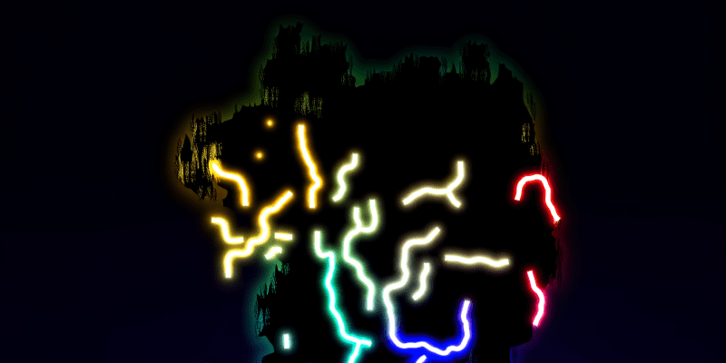 A map with glowing, colorful lines leading to a mysterious forest.