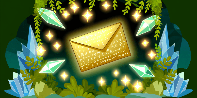 A golden envelope with shimmering, magical writing on it, nestled in a bed of sparkling crystals and surrounded by lush greenery.