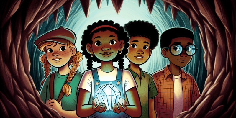 A group of children standing in front of a mysterious cave entrance, holding a glowing crystal and looking determined.