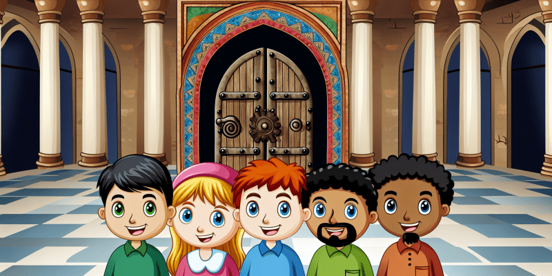 A group of friends standing in front of a mysterious, ancient-looking door in a library, with a sense of excitement and curiosity on their faces.