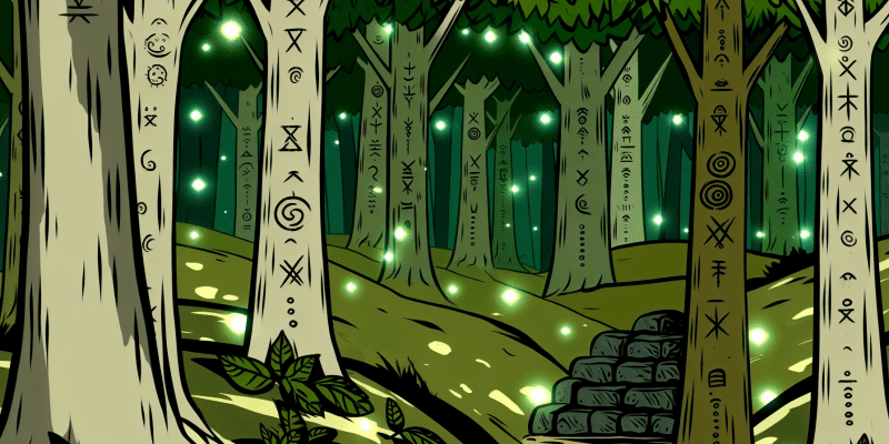 [Image: A mysterious forest with ancient symbols carved into the bark of the trees, sunlight filtering through the canopy, and a hidden staircase leading underground.]