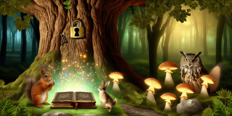 A whimsical forest scene featuring a large, ancient oak tree with a tiny keyhole at its base, glowing mushrooms illuminating a dark tunnel, and four friendly animals: a smart squirrel holding a shiny key, a brave bunny, a curious cat, and a wise owl, all gathered around a stone table with a dusty old book titled "The Names of Whimsywood." The atmosphere is magical, with soft golden light emanating from the book, surrounded by mist and vibrant greenery.