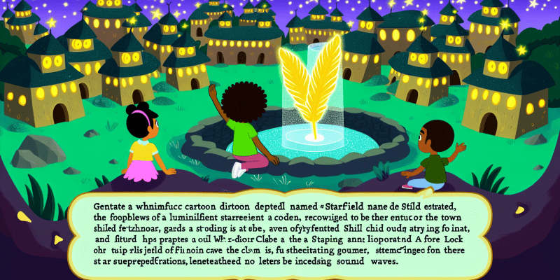 A whimsical illustration of a magical town called Starfield, featuring glowing rooftops under a starry sky, a sparkling central fountain with a golden feather, lush enchanted gardens, and two adventurous children, Zinnia and Orion, standing in front of the Whispering Cave, with a shimmering dragon made of sound waves looming protectively over a glowing pedestal inside the cave.