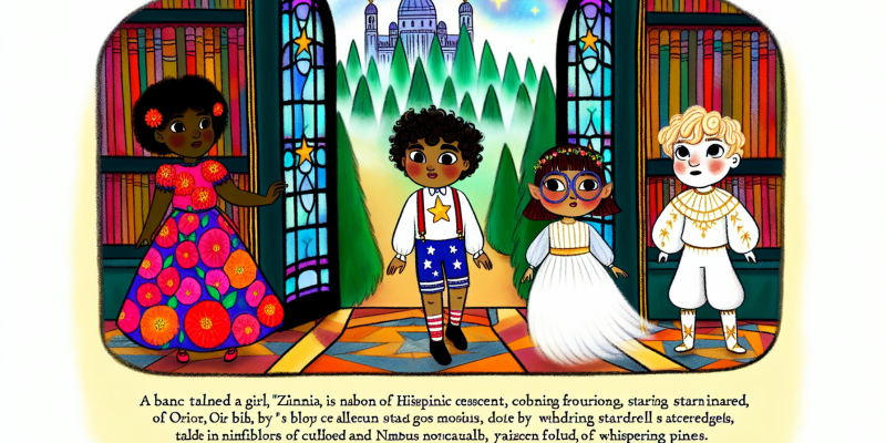 A whimsical illustration of three children—Zinnia with flower-themed attire, Orion wearing star-patterned clothing, and Nimbus in cloud-inspired garments—standing at the entrance of a grand, ancient library with stained glass windows. In the background, a magical forest of Whispering Pines is visible. The scene is bright and colorful, capturing a sense of adventure and wonder.