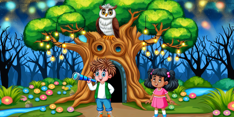 A whimsical forest scene featuring two children, a boy with tousled hair and a girl with a telescope, standing before a majestic, ancient tree with glowing leaves. The tree has a door at its base, and a wise, old owl perched on a branch above. The forest is filled with vibrant flowers, sparkling lights, and a shimmering river in the background, creating an enchanting atmosphere.