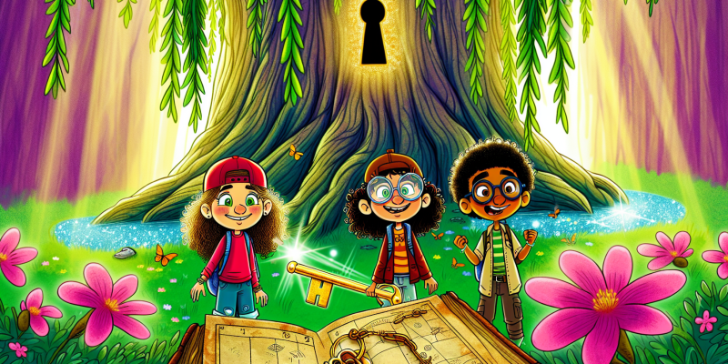 A vibrant illustration of three children—Zara with curly hair, Finn with glasses, and Milo with a baseball cap—standing in front of a giant, ancient willow tree with a hidden keyhole. The sun is shining through the leaves, casting dappled light on the forest floor, and a sparkling river flows nearby. The children are excitedly holding a shiny, old key, with a mysterious map spread out on the ground beside them, surrounded by colorful flowers and fluttering butterflies.